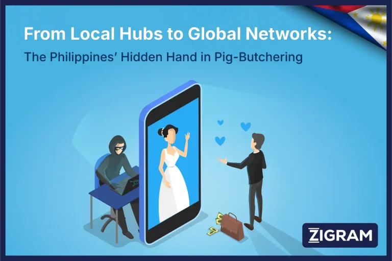 Philippines Towns at the Center of Global Romance-Investment Scams" — subheading mentions "pig butchering" fraud; shows a Philippine map linked to a digital world map with chat bubbles, crypto icons, and a warning symbol